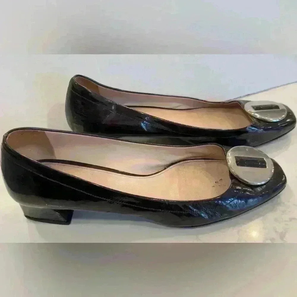 Prada Logo Black Patent Square Toe Low Block Heels Pumps Size 40 - Picture 11 of 12